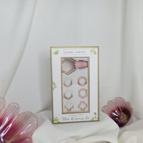 LAURA ASHLEY elegant 7 piece Wine Accessory set pink rose gold topper charms - Picture 3 of 5